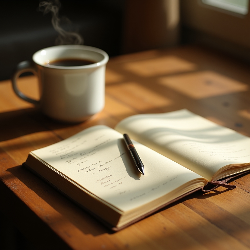 Open notebook beside a morning coffee, representing a calm weekly finance ritual